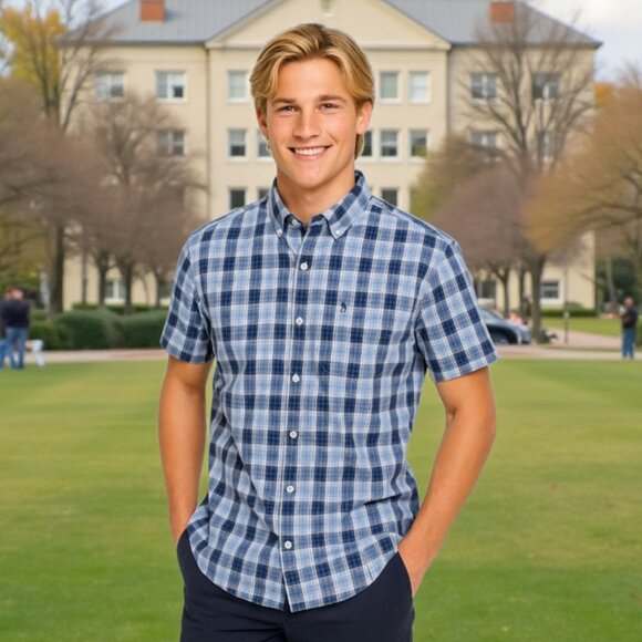 Original Penguin Other - Original Penguin Mens Medium Blue Plaid Button Down Short Sleeve Shirt Classic